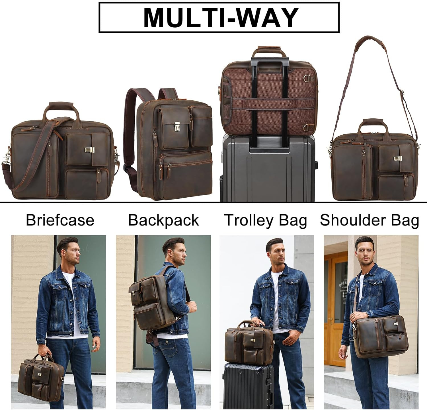 Men’s Leather 2-in-1 Backpack & Briefcase for 15.6″ Laptop – Work & Travel