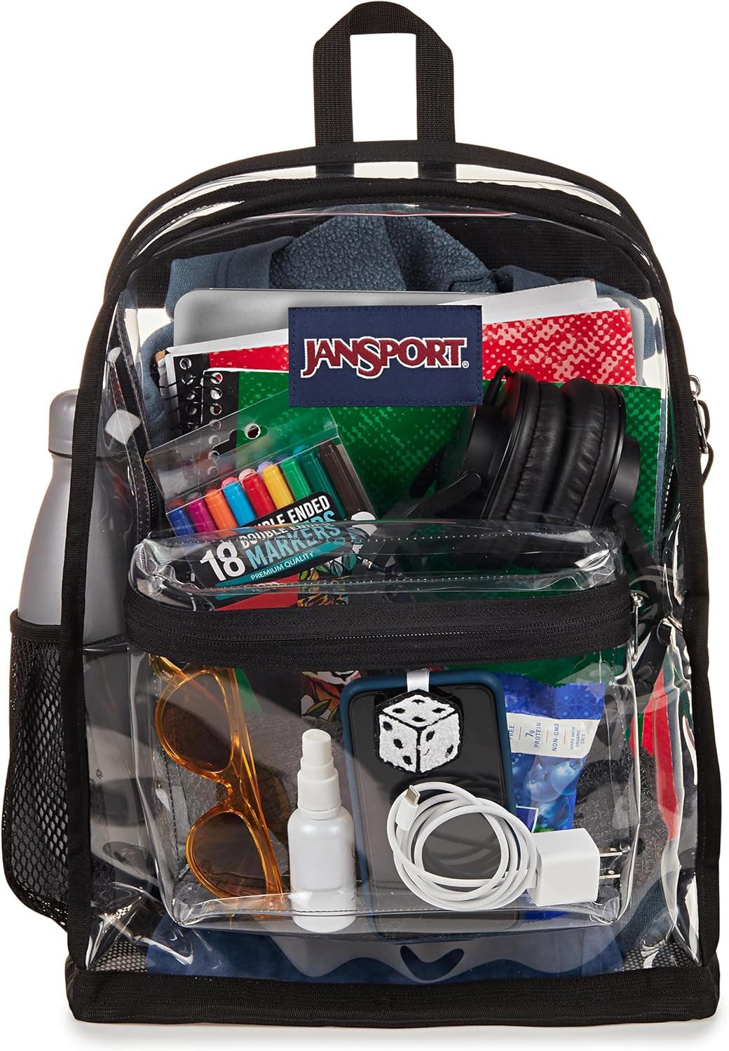 Clear 25.5L Transparent Backpack with Water Bottle Pocket & Zippered Front