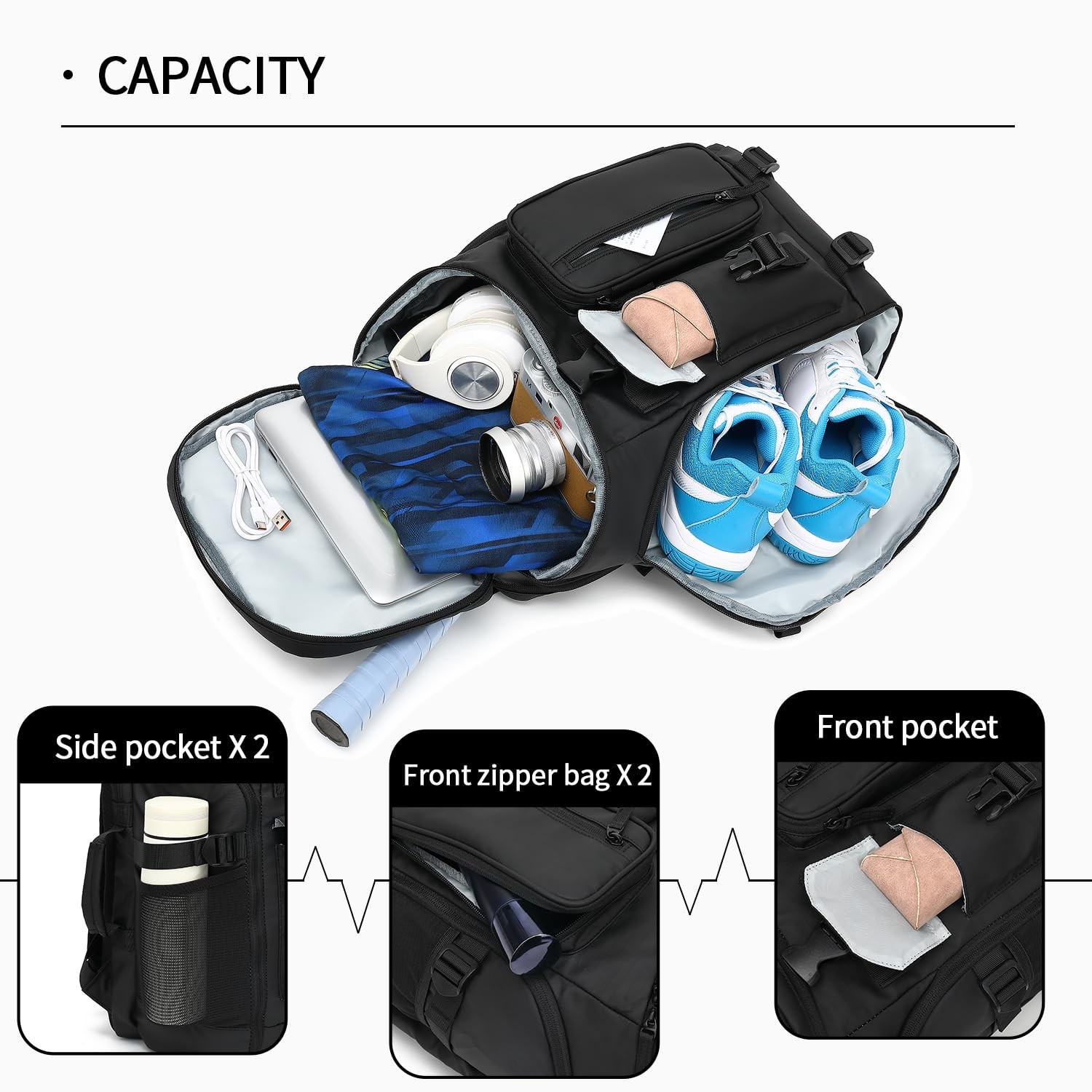 Gym Duffle Tennis Bag Backpack 4Way Waterproof Shoes Compartment Black 02