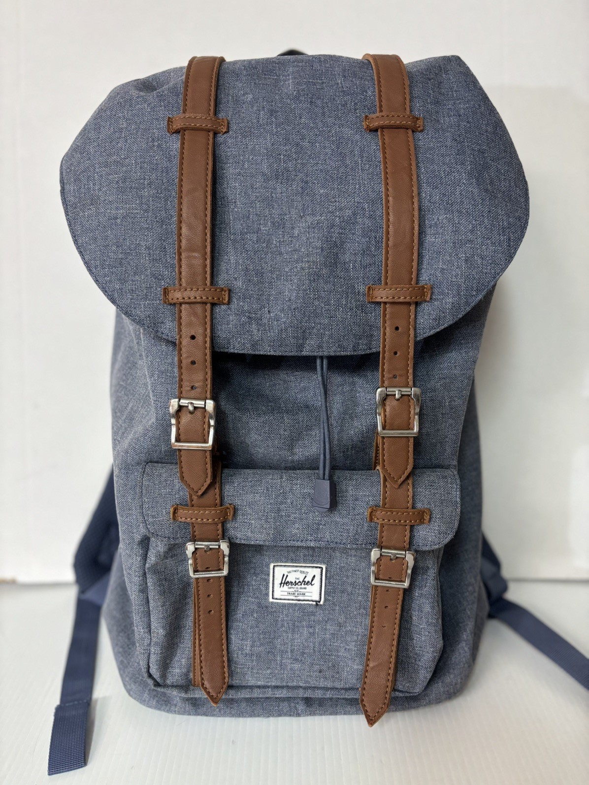 Herschel Supply Company Blue Canvas Backpack with Brown Leather Straps