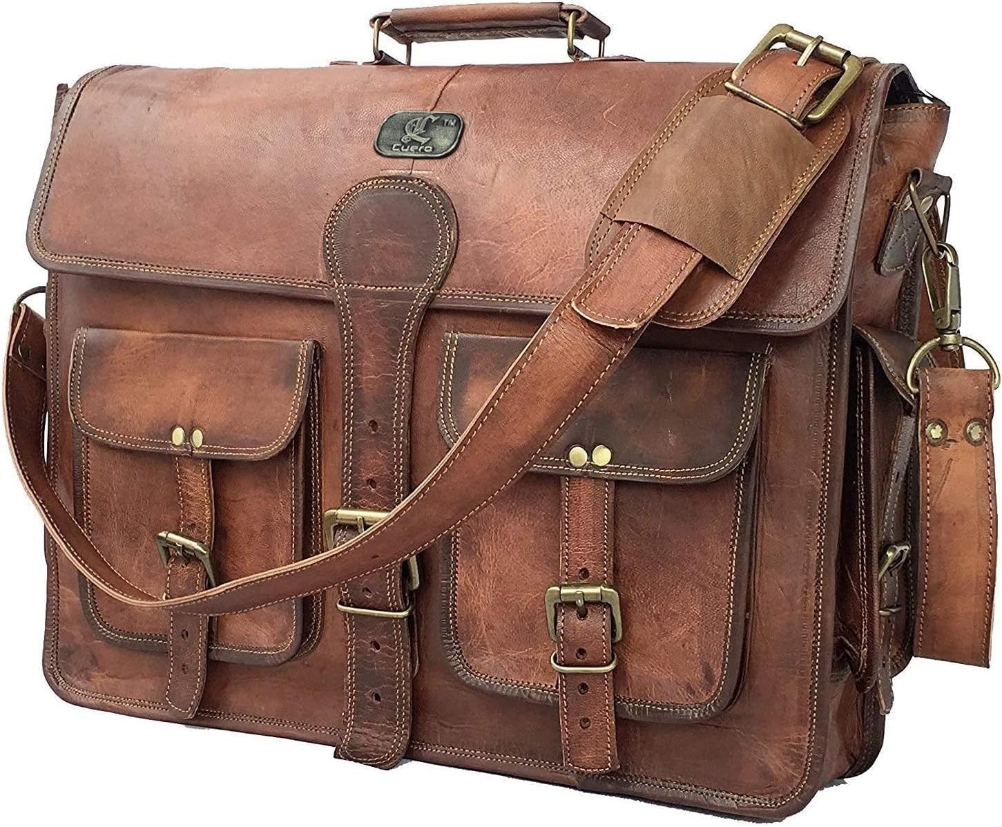Leather Messenger Bag 18″ Laptop Crossbody Satchel Briefcase for Men – Vintag…