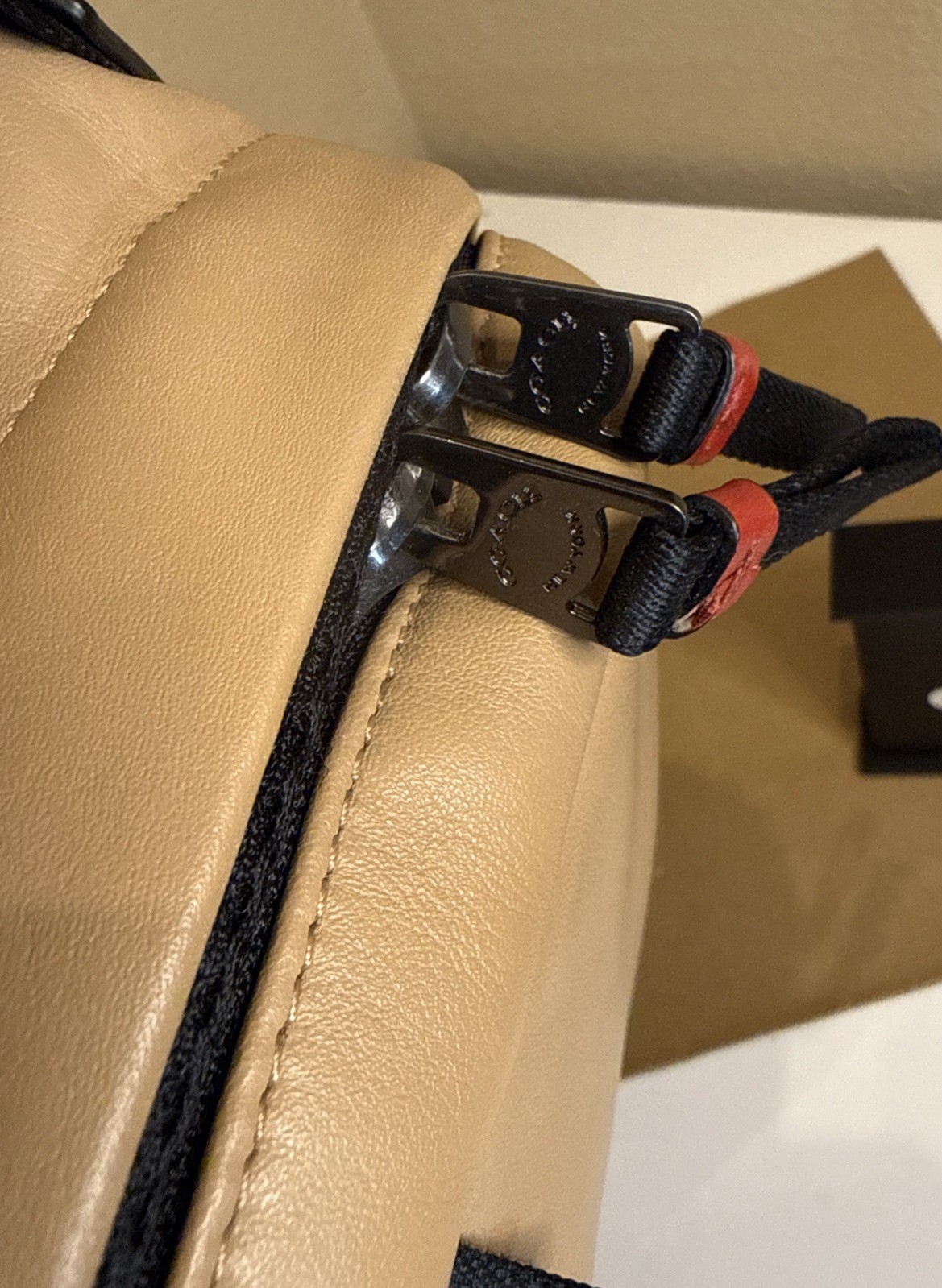 Coach Leather Racer Sling Pack – Unique Tan/Red/White ColorBlock Edition ~MC~