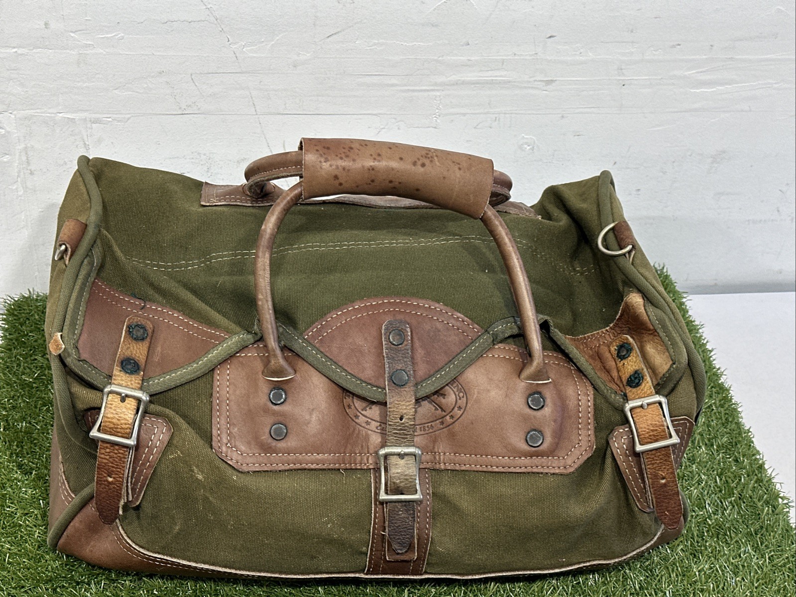 VNTG Orvis Duffle Bag Canvas Leather Green Brown Travel Weekender Luggage Large