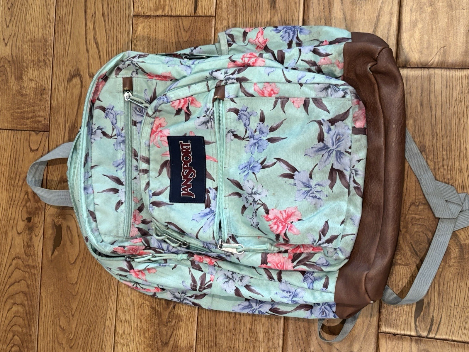 JanSport Superbreak Backpack, Vintage Irises Cool Student Leather Bottom Aqua