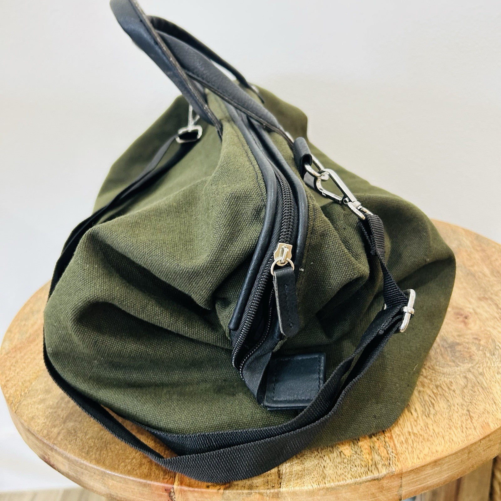John Varvatos Duffle Bag Army Green Black Canvas Overnight Travel Weekend Gym
