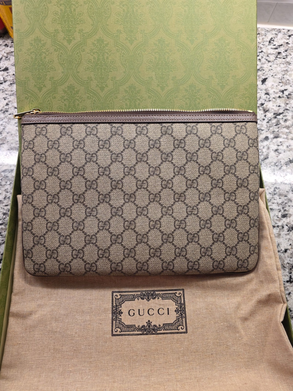 Gucci GG Supreme Web Monogram Clutch Pouch Bag Brown Canvas Leather – Excellent