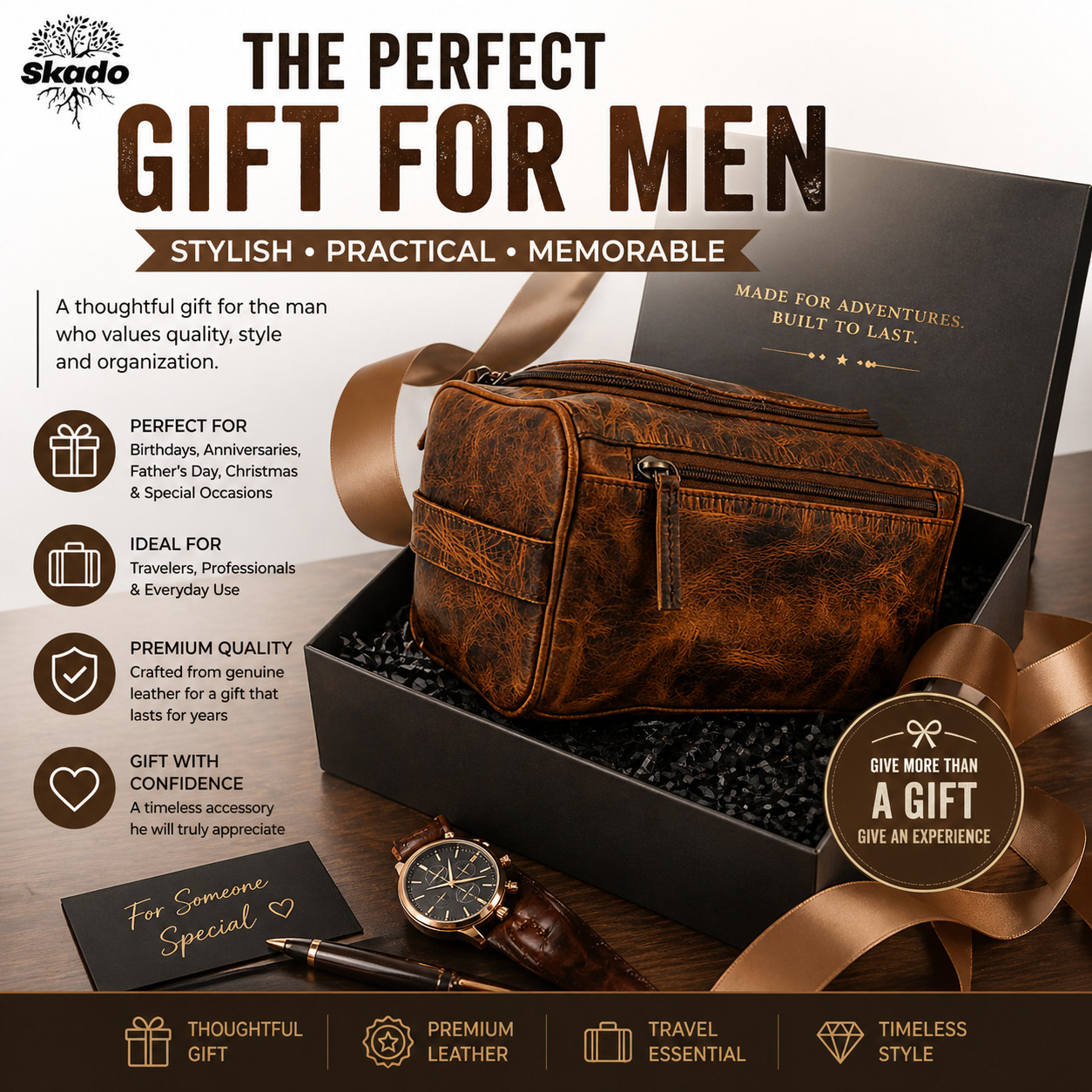 Buffalo Leather Toiletry Bag Travel Hanging Dopp Kit Shaving Makeup Case Unisex