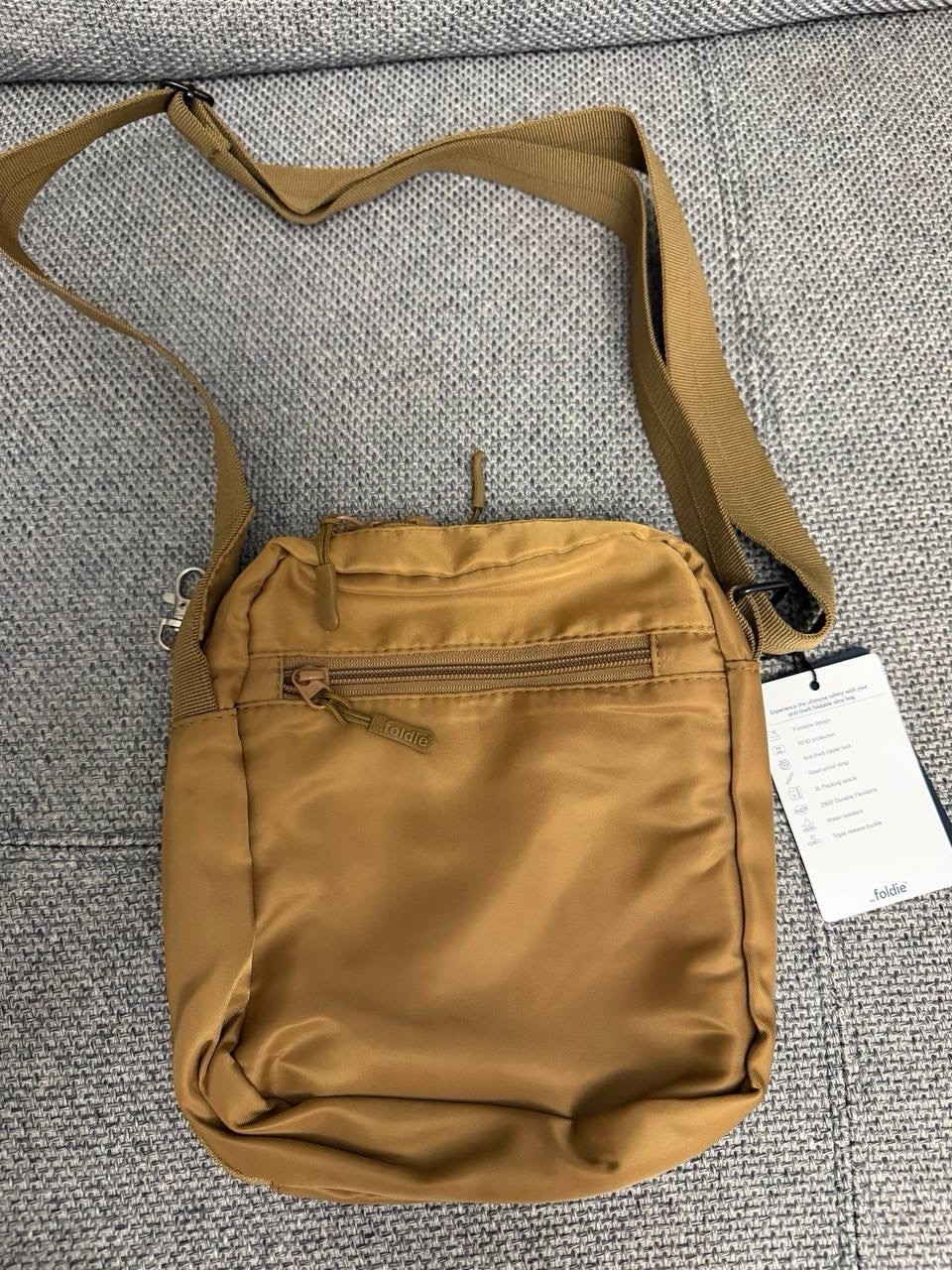 the foldie Small Brown Crossbody Sling Bag Zip Pockets Lined Adjustable Strap