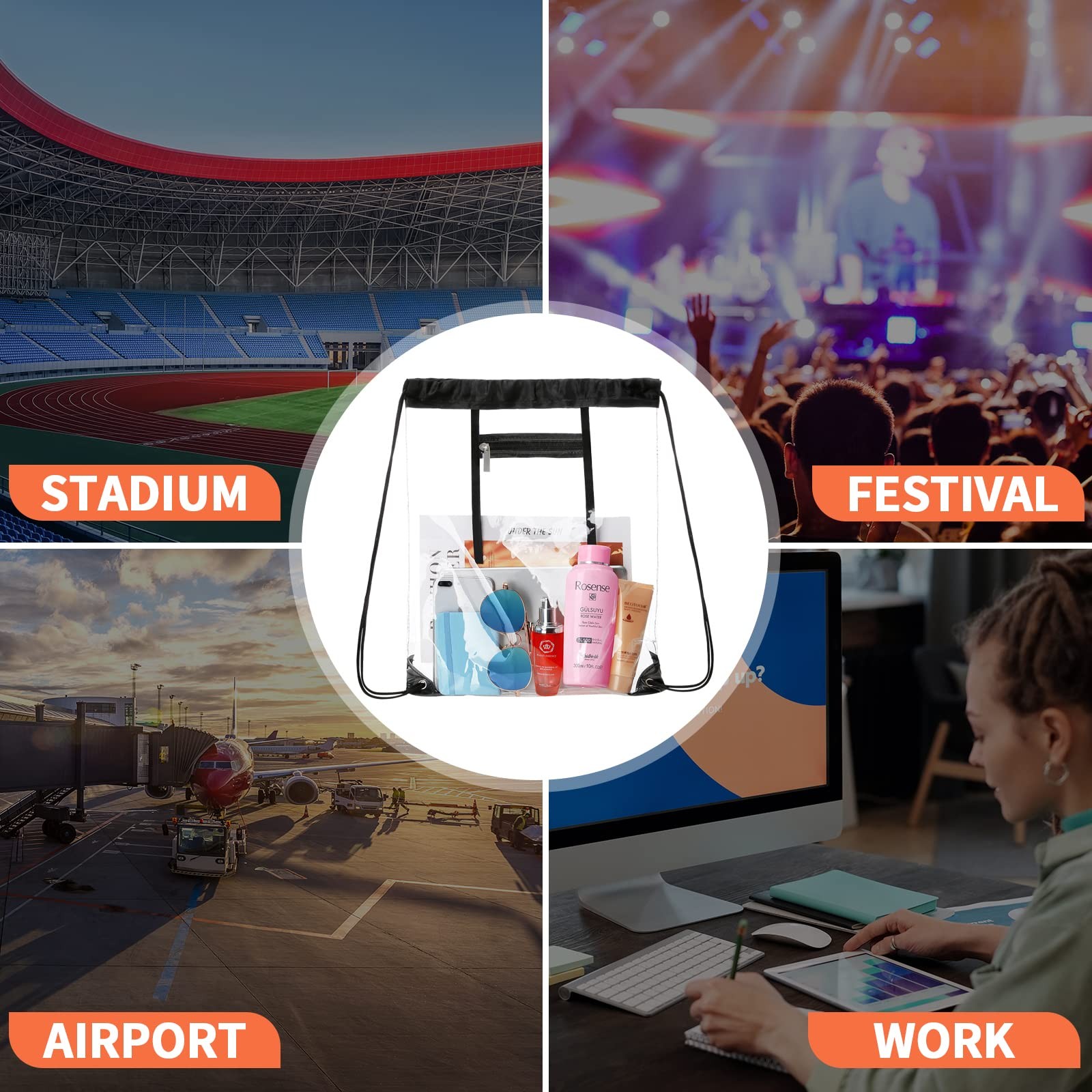 2 PACK Clear Drawstring Bag Stadium Approved, See Through PVC Drawstring bags…