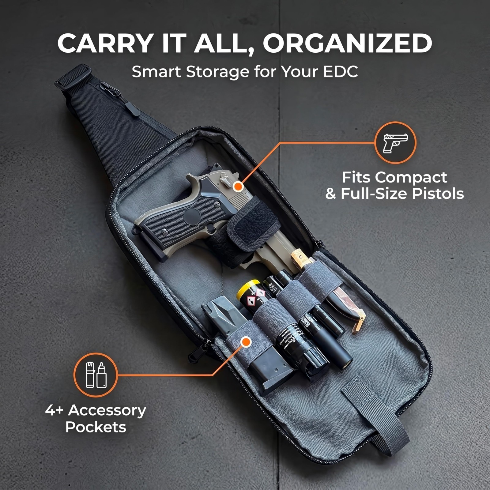 Sling Carry Bag for Men – Quick Access Tab, 4 Accessory Slots, Waterproof Zipper
