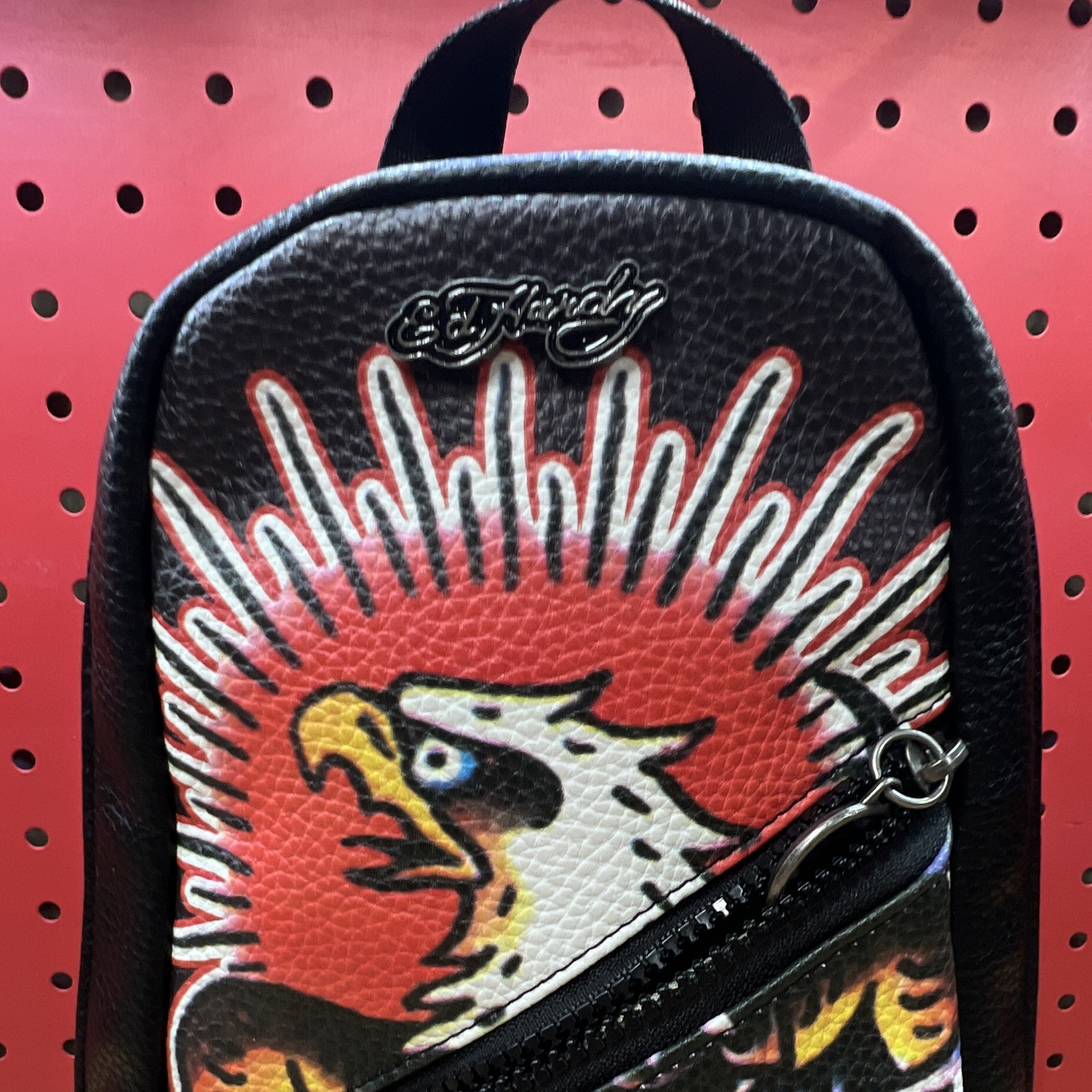 Ed Hardy Black Skull Eagle Graphic Sling Bag, Medium, Zip, Adjustable Strap