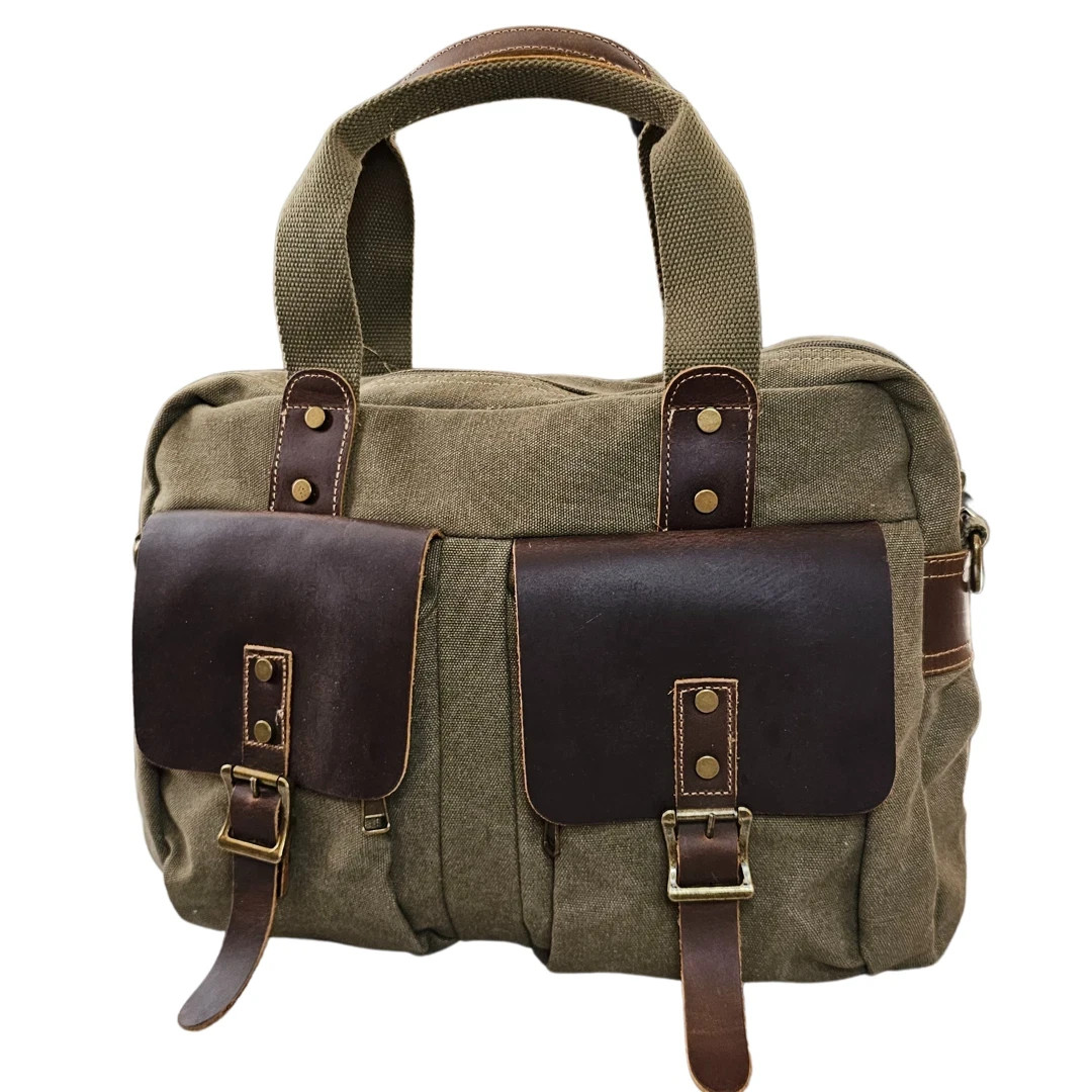 Vintage Leather Canvas Shoulder Messenger Bag Mens Briefcase Business Satchel