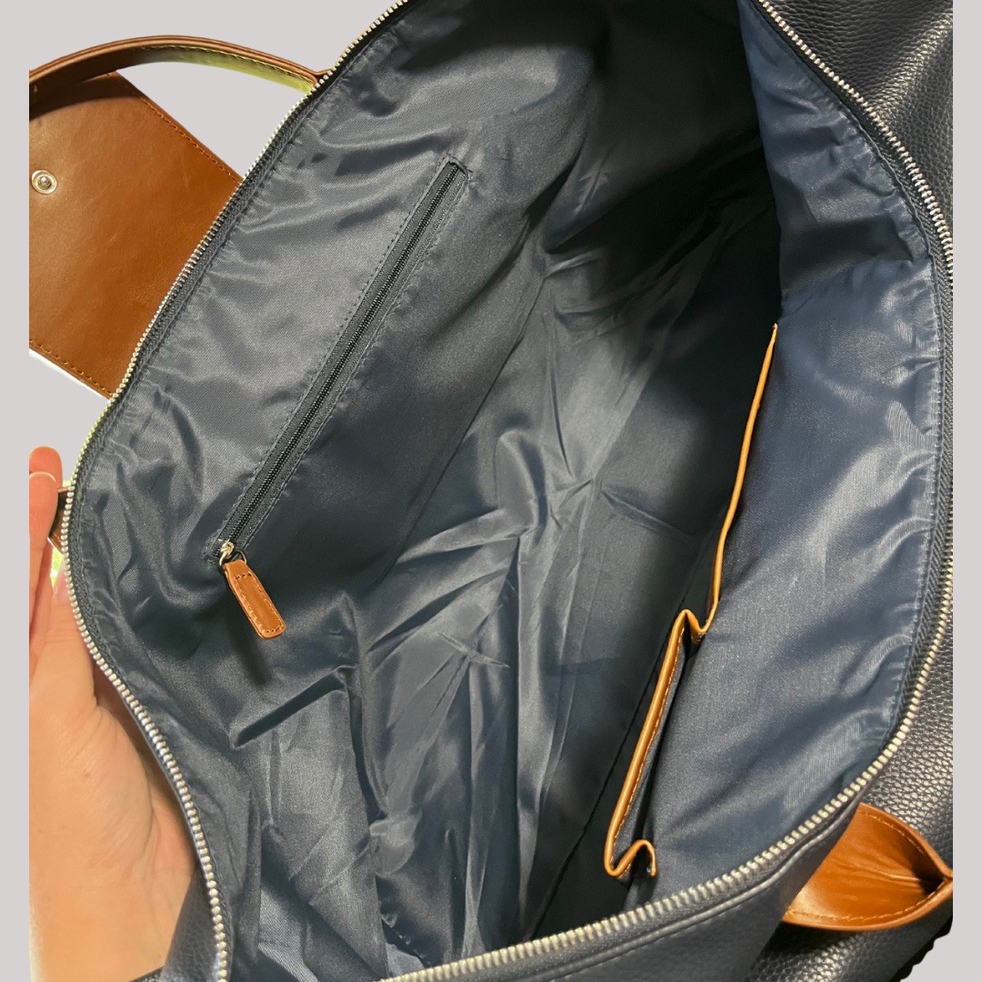 Brouk & Co Alpha Duffle Weekender Bag Vegan Pebbled Leather Navy Blue Brown Trim