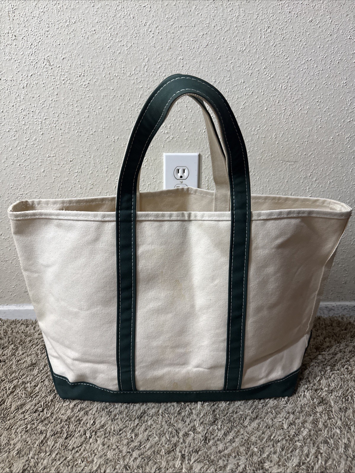 LL BEAN BOAT & TOTE Canvas Bag Large Forest Green Accent Short Handle Open Top