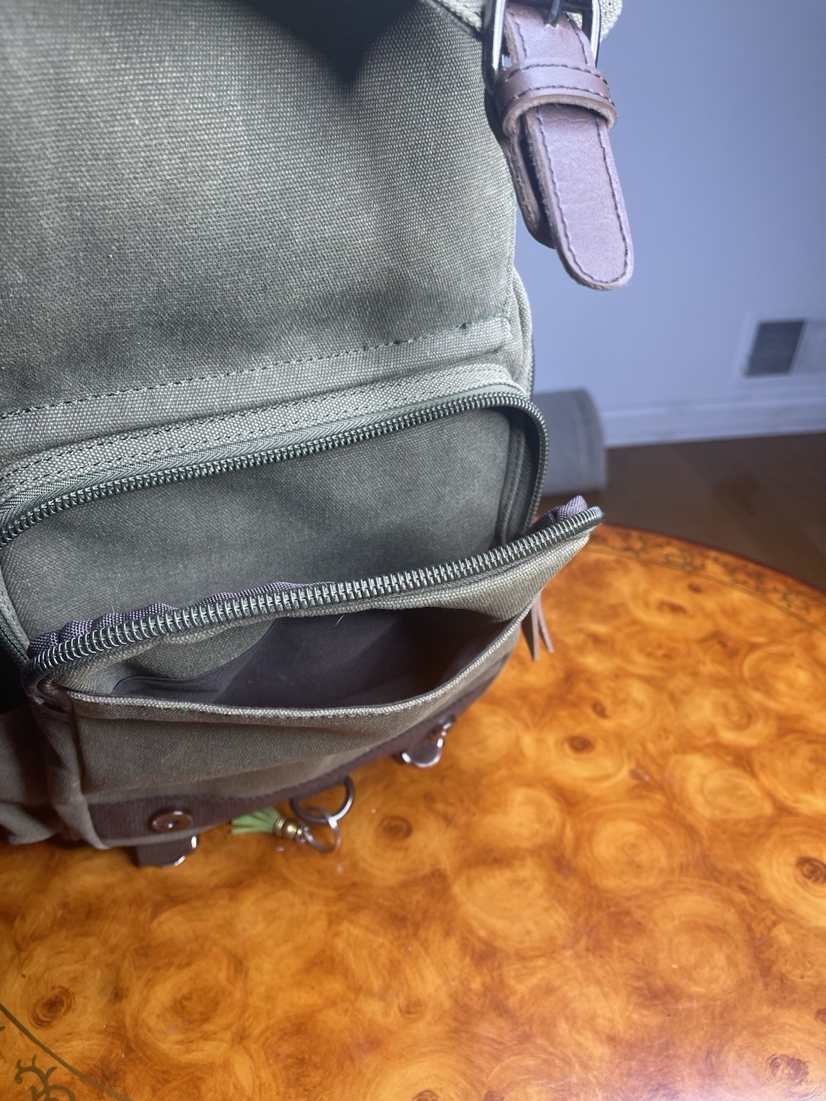 Green/Brown Small Backpack Zip & Buckle Closure Adjustable Strap Pockets Lined