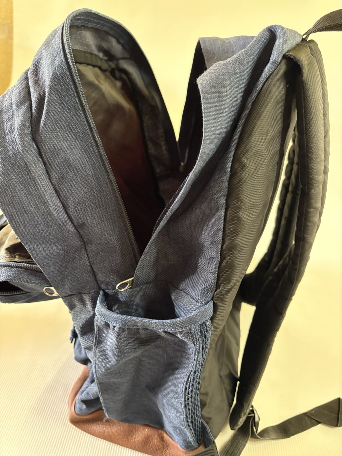 VTG JANSPORT Cool Student Blue Canvas Backpack Tan Faux Leather Laptop Pocket