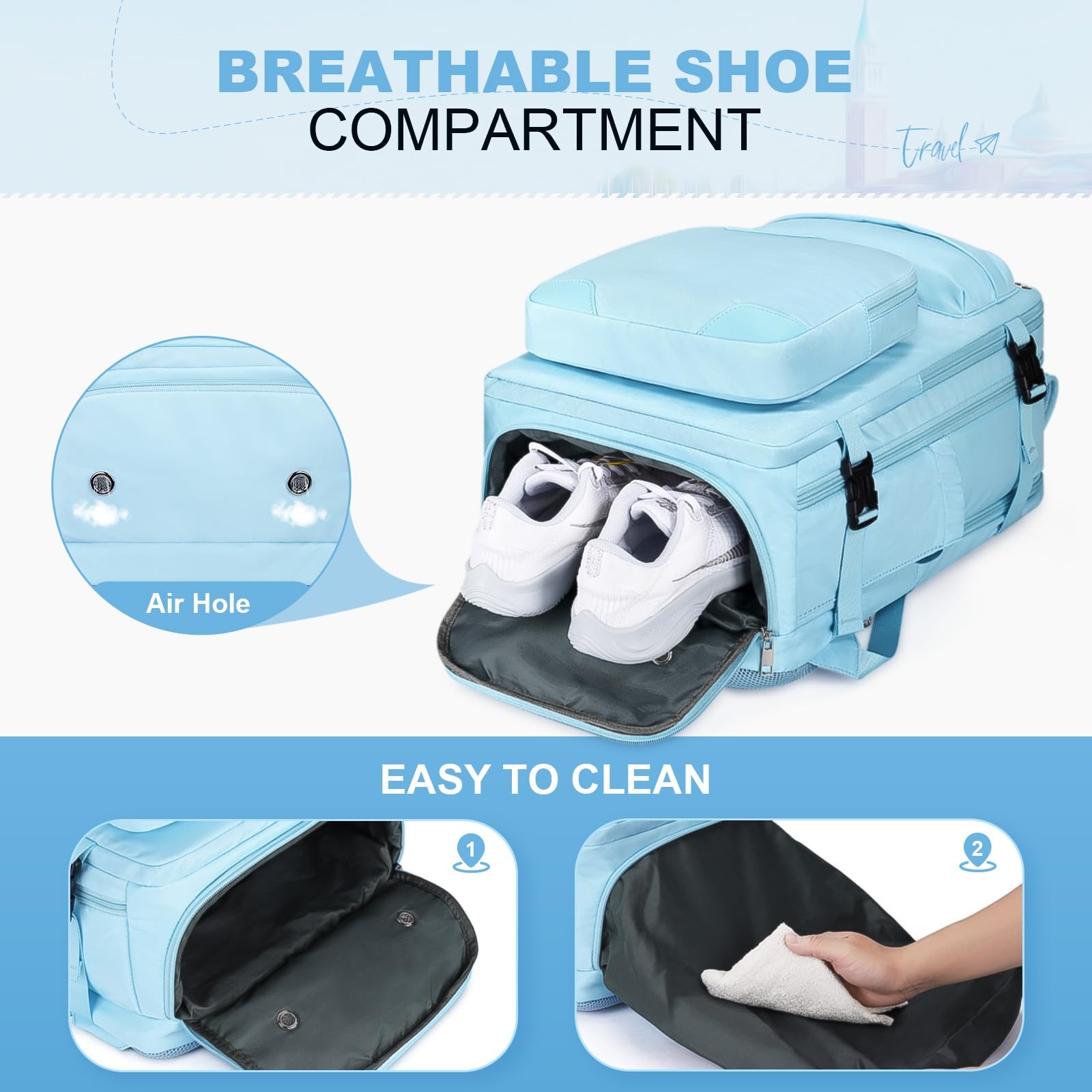 35L Large Upgrade Blue Waterproof Travel Backpack Crossbody Shoe Pocket