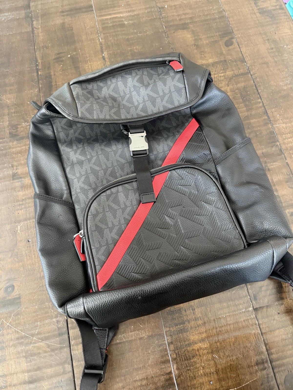 Rare Michael Kors Men’s Logo Backpack Black/Gray Red Stripe Pockets Hudson Nice