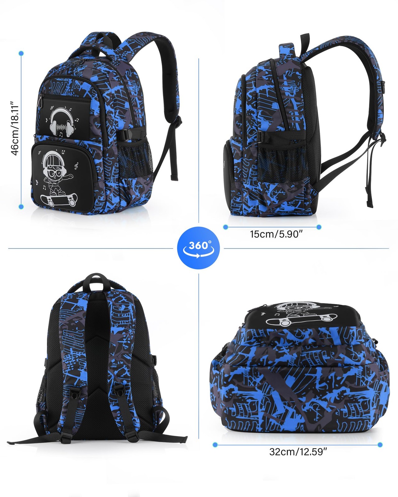 School Backpack Boys Camo Bookbag Teens Middle School Waterproof Travel Blue