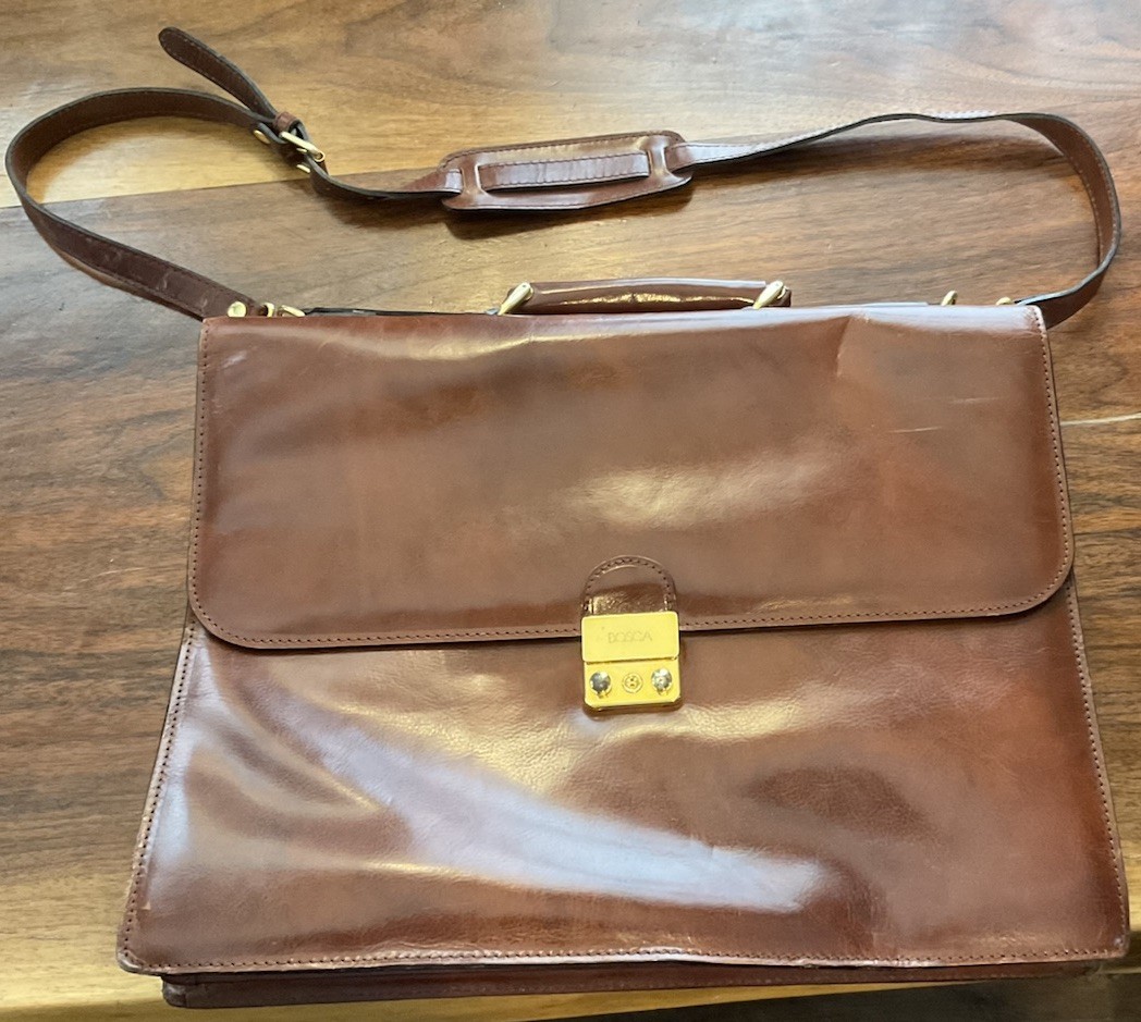Bosca Brown Leather Men’s Briefcase/Document Case Top Handle Strap Push Lock