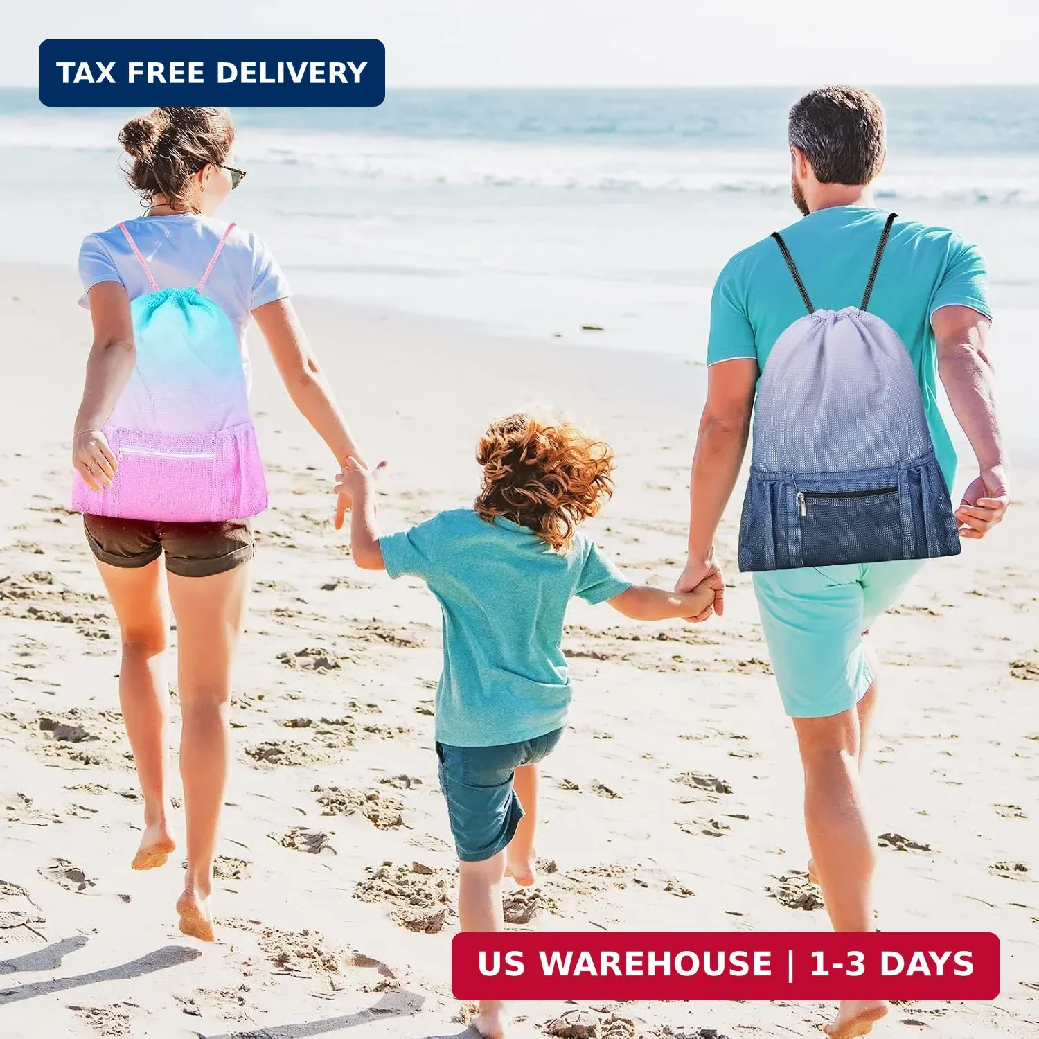Mesh Drawstring Bag with Zipper Pocket, Beach Bag for Swimming Gear Backpack Gym