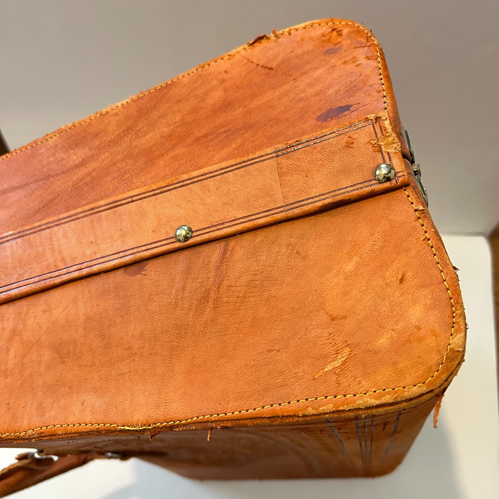 Vtg Egyptian Tooled Leather Suitcase Overnight Satchel Bag Handmade OOAK