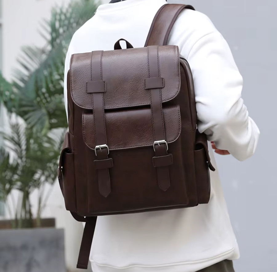 Waterproof PU Leather Backpack 14 Inches Large Capacity Work Travel Coffee