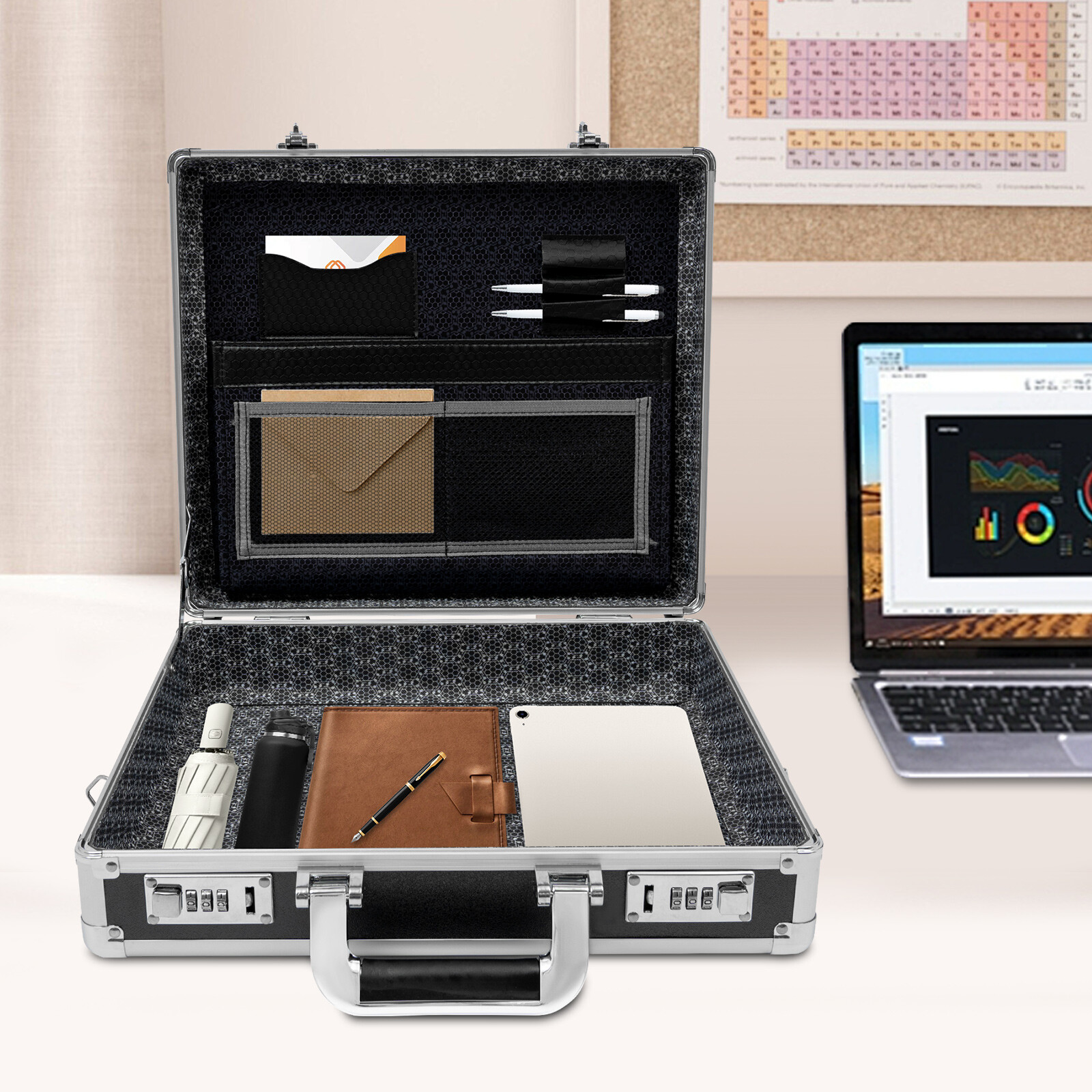 Aluminum Hard Case Big Capacity with Combination Lock Briefcase with Pocket New