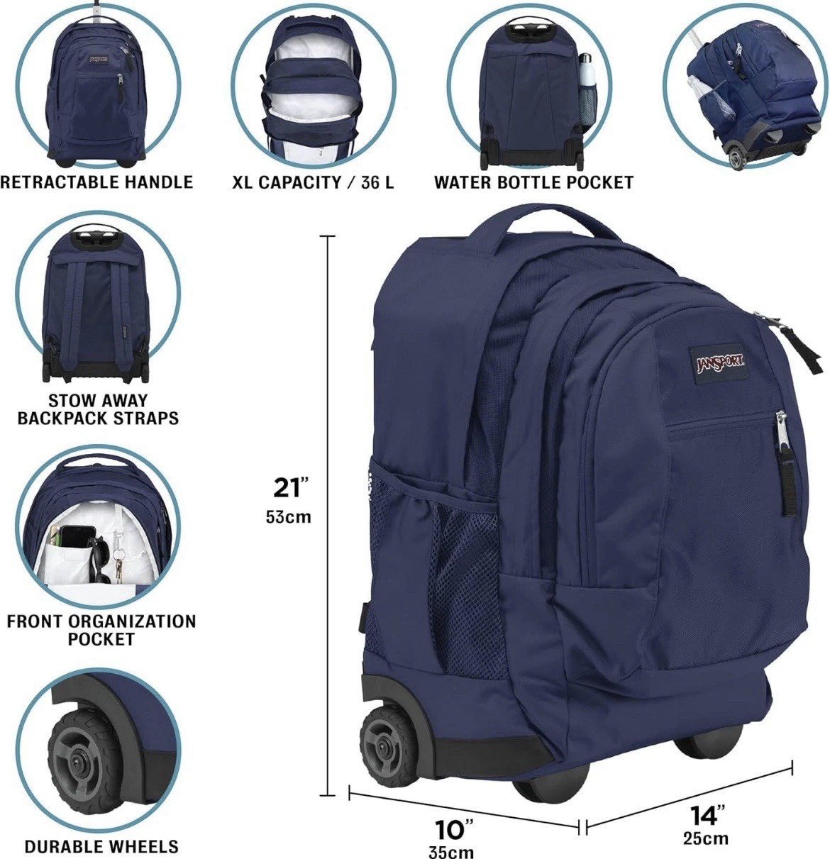 JanSport Driver 8 Rolling Backpack and Computer Bag Black Bookbag / Back Pack