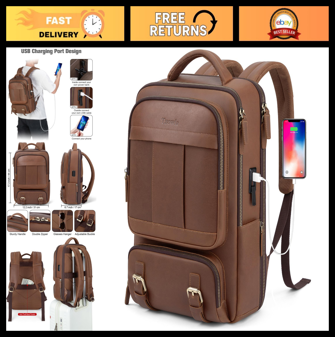 Leather Laptop Backpack for Men & Women, 15.6″ Business Travel Rucksack, Vintage
