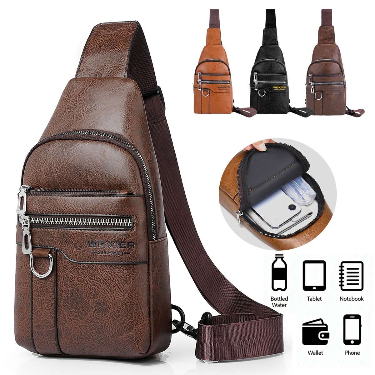 Men Leather Chest Bag Crossbody Sling Shoulder Backpack Casual Travel Pack Bag