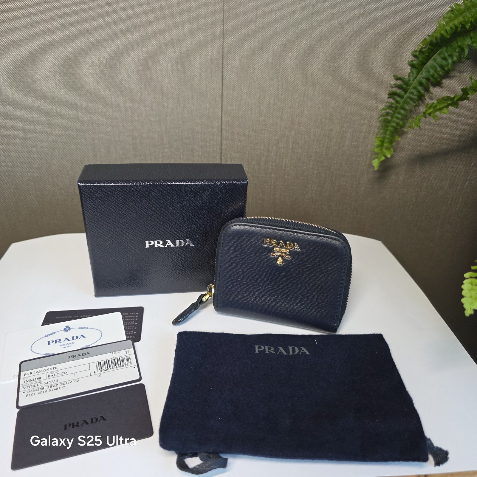 Prada Vitello Move Zip Coin Purse Wallet 1MM268 Baltico Navy Gold HW Full Set
