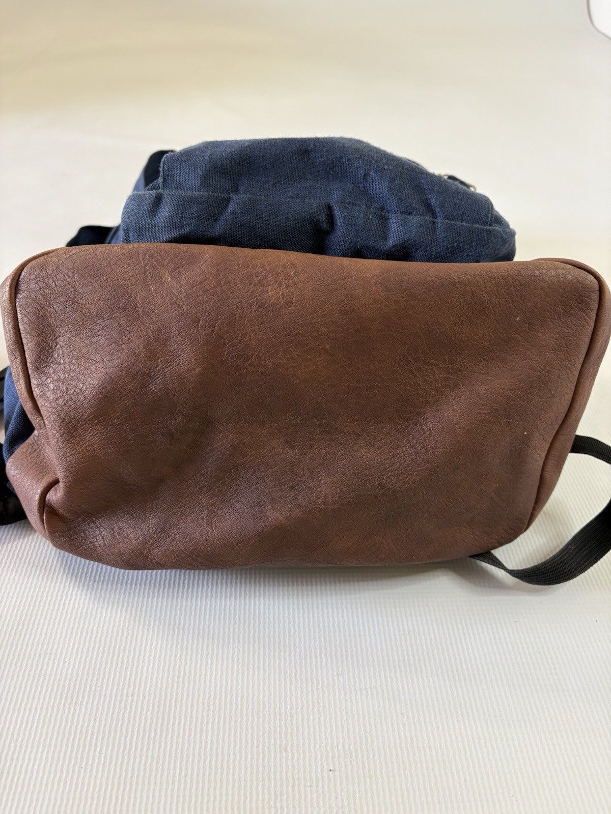VTG JANSPORT Cool Student Blue Canvas Backpack Tan Faux Leather Laptop Pocket