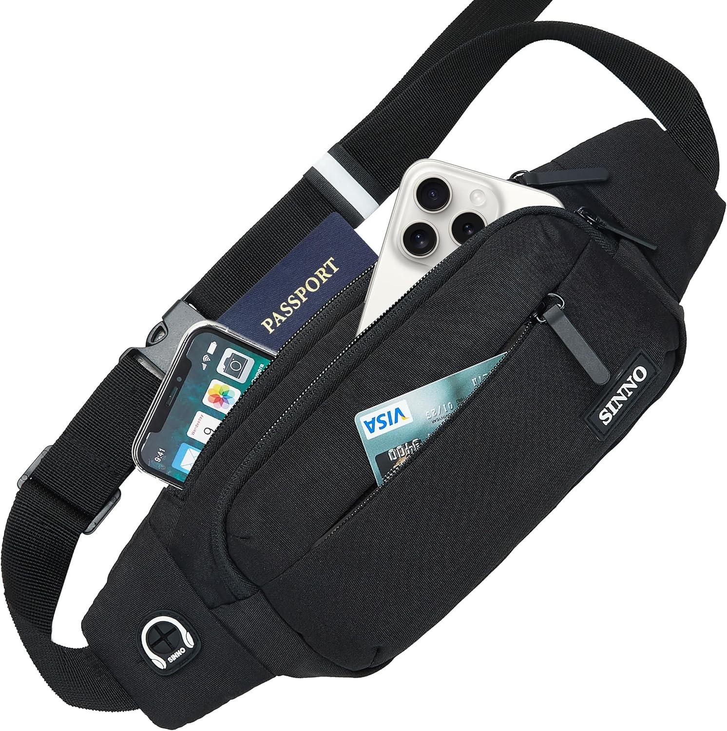Large Crossbody Black 4 Zipper Pockets for Travel Running, Men/Women belt bag
