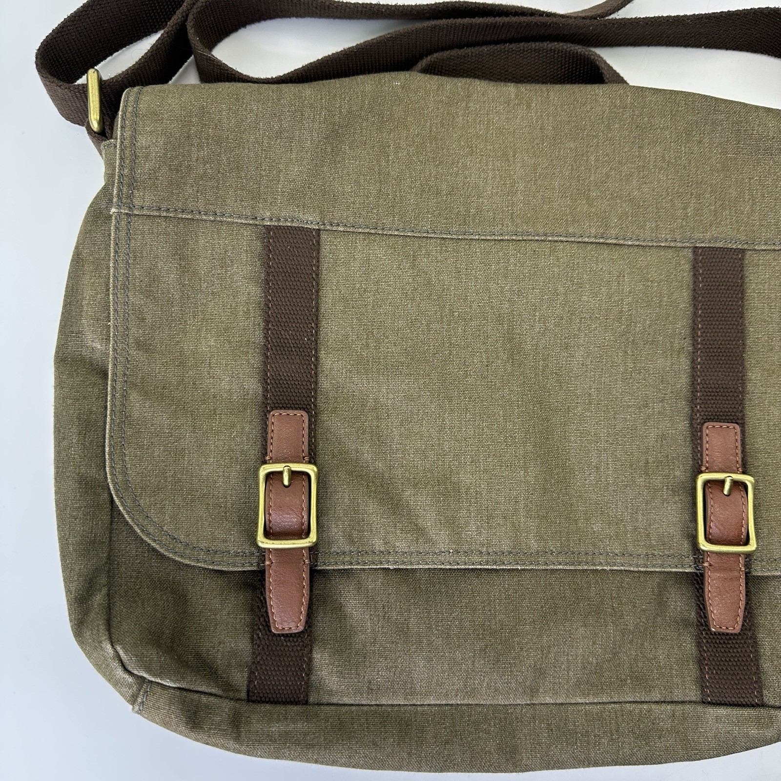 Fossil Green Brown Canvas Laptop Messenger Bag with Adjustable Strap and Pockets