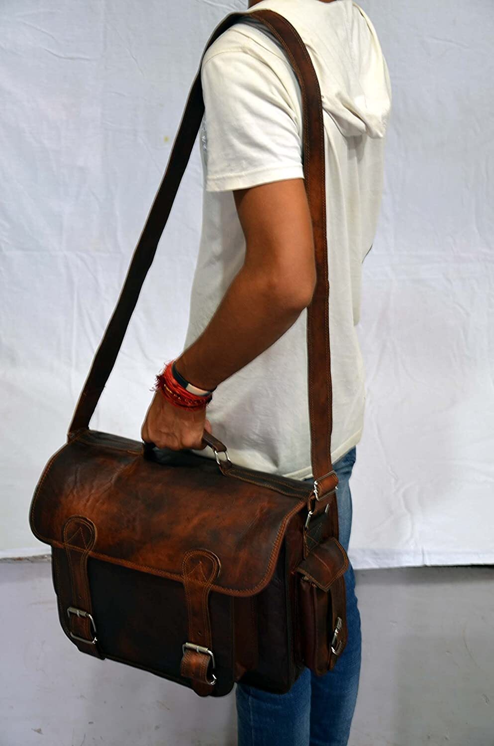 Men’s Very Lightweight Leather Laptop Messenger Handmade Briefcase Bag Satchel