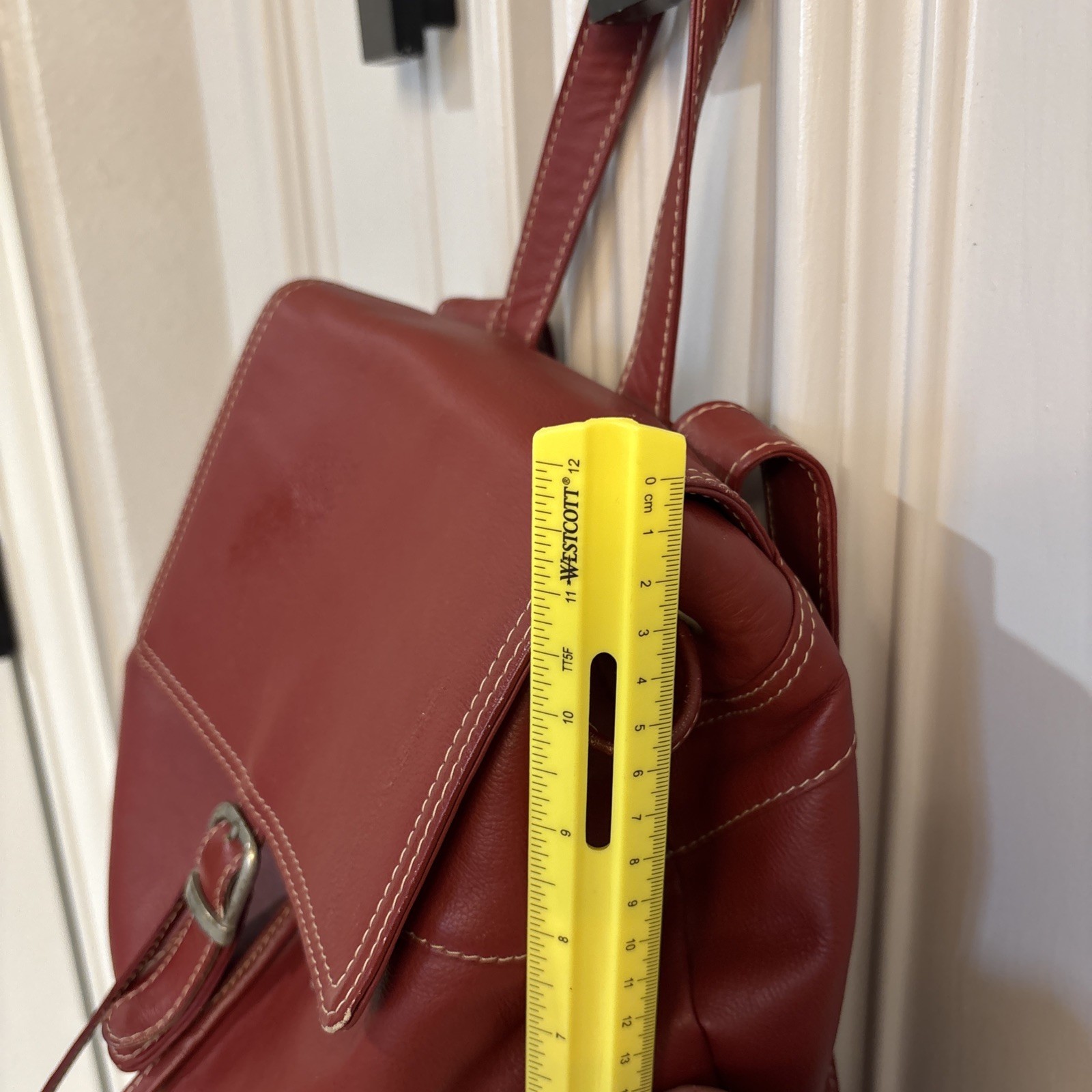 Piel Genuine Leather Red Backpack Purse With Straps Buckle Snap Closure.