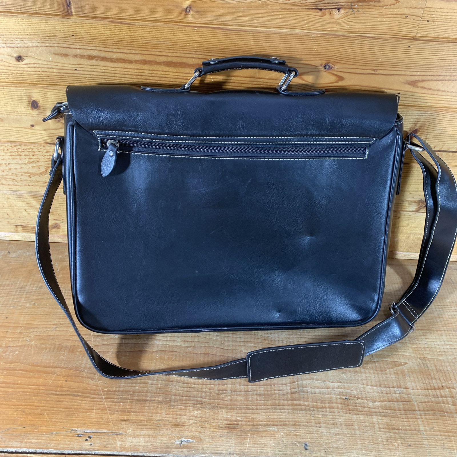 Tumi Messenger Bag, Black Leather Contrast Stitch, Leather Strap, Missing Latch