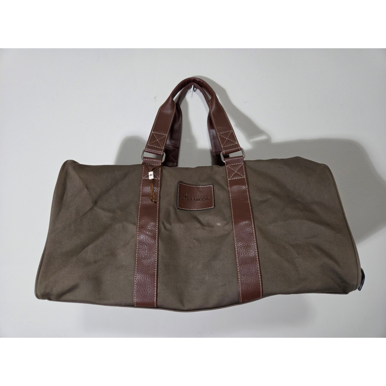 Peter Millar Canvas Duffel Bag Brown Olive Plaid Lining Weekend Travel Gym Bag