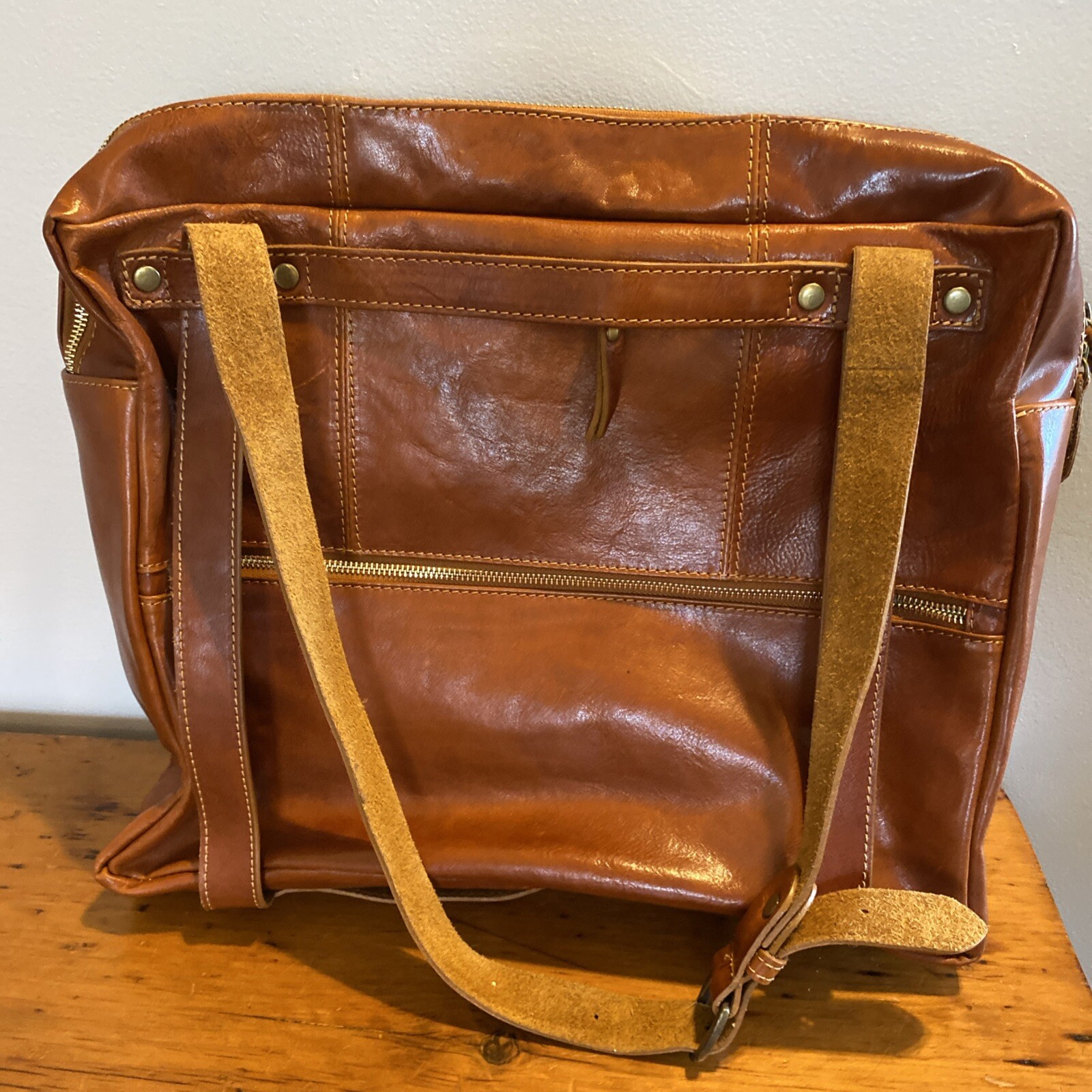 T NOBILE Cognac Leather Straps Laptop Large Messenger Bag Purse ITALY EUC