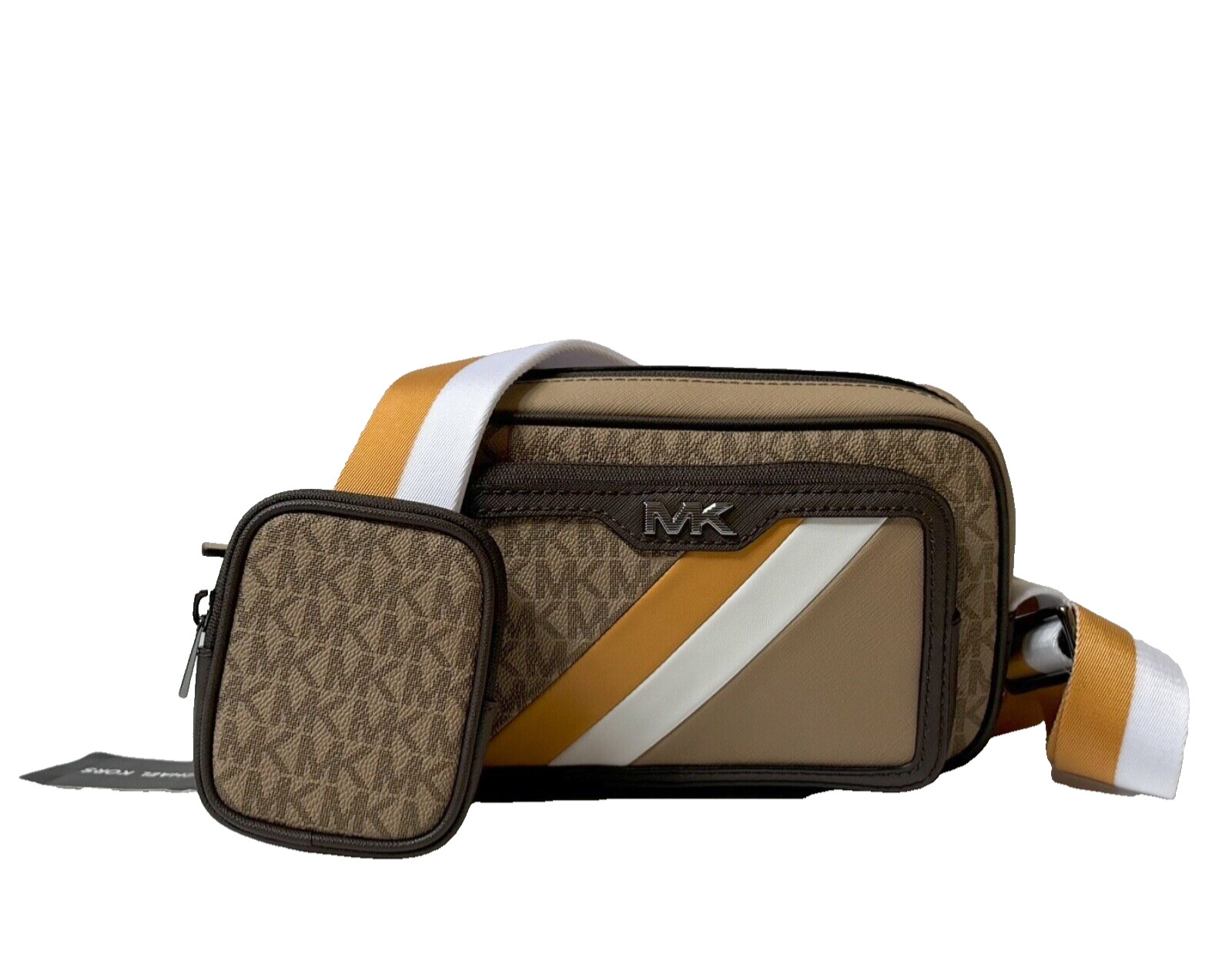 MICHAEL KORS RIVINGTON STRIPED CROSSBODY CAMERA BAG WITH POUCH GOLDEN ROD