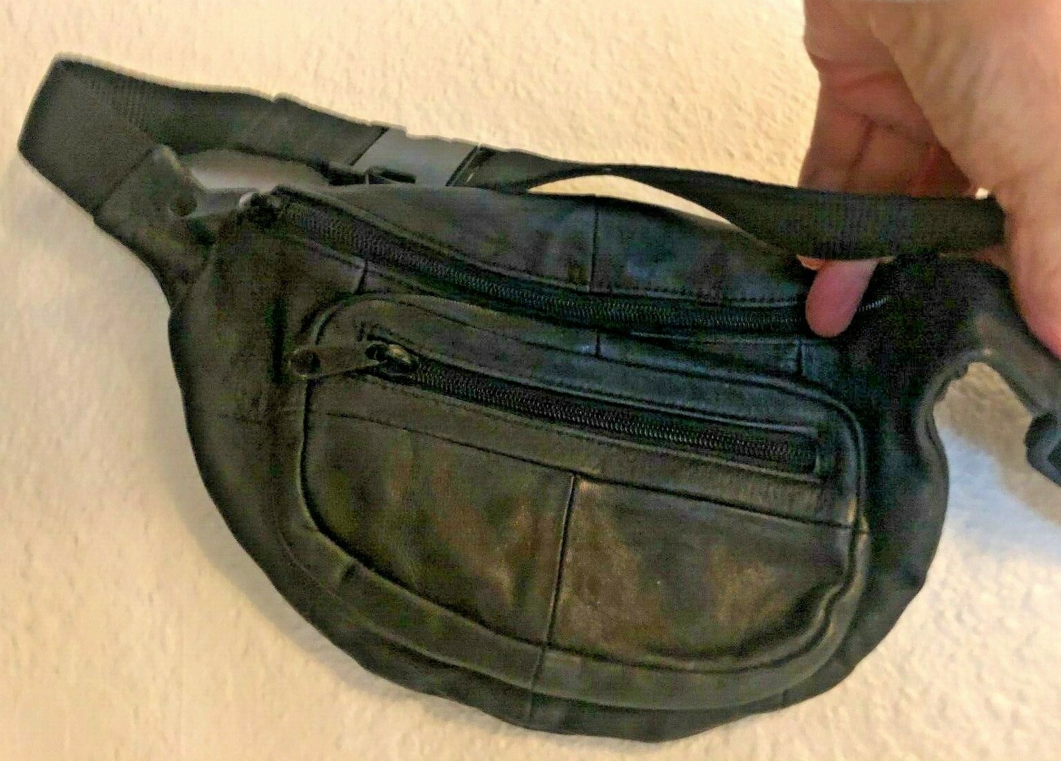 New Mens Womens Black GENUINE LEATHER WAIST PACK Zip BELT Fanny Bag UNISEX