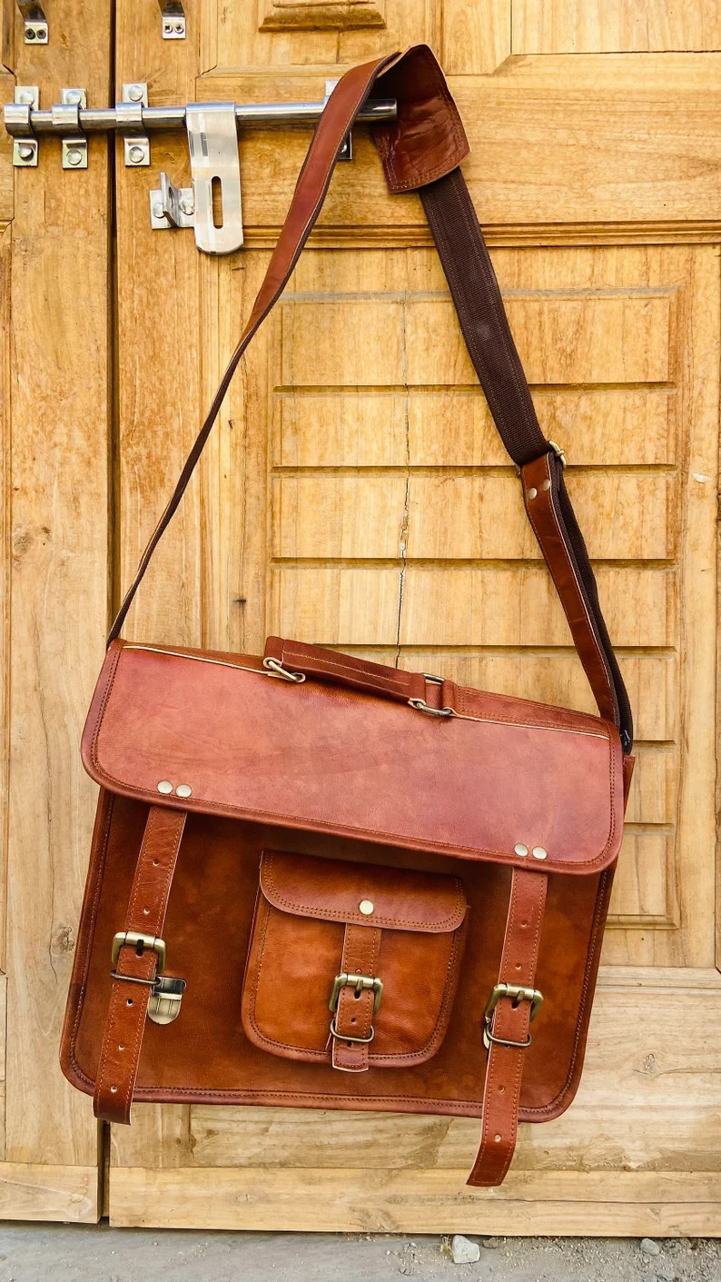 Men’s Brown Genuine Goat Leather Laptop Messenger Briefcase Real Satchel Bag