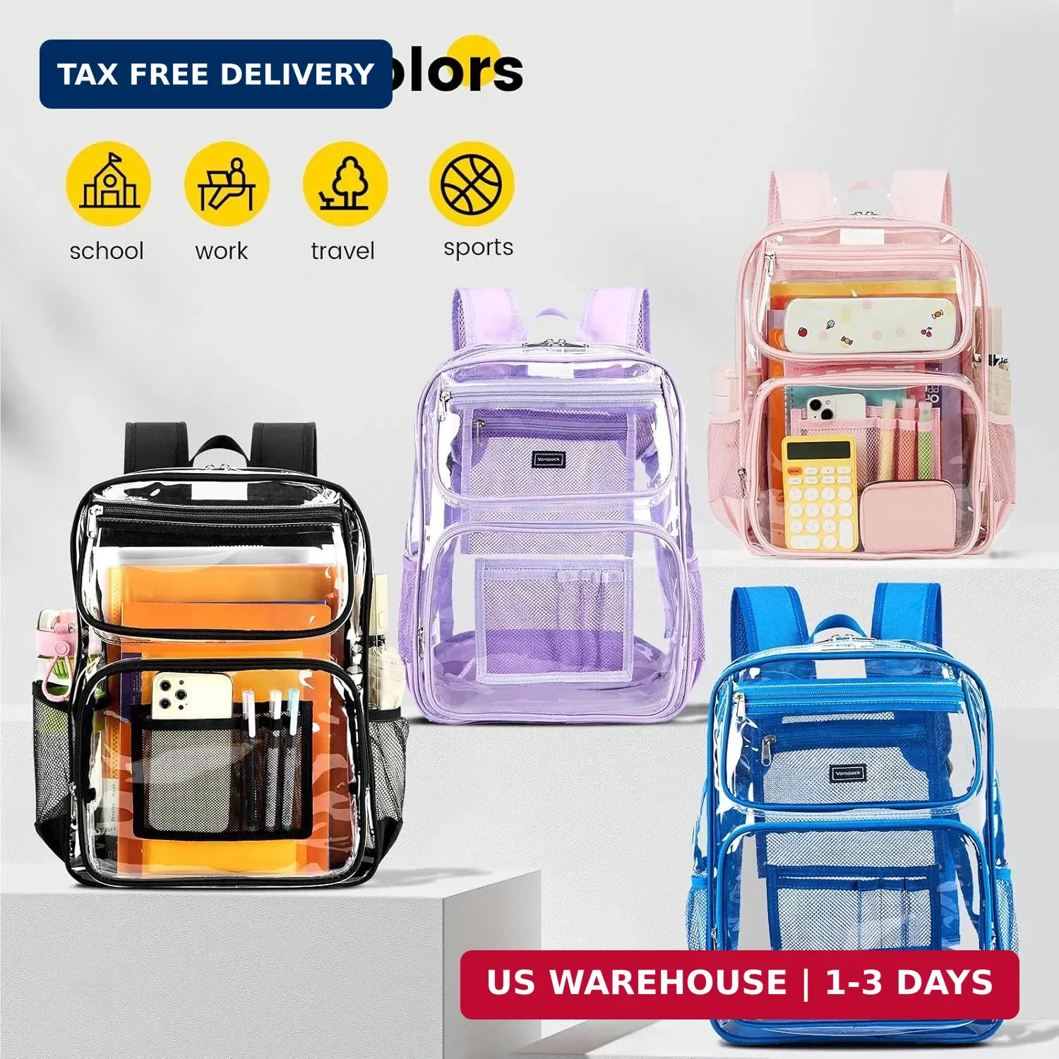 Vorspack Clear Backpack Heavy Duty – Large See Through Bookbag for Girls Boys, T