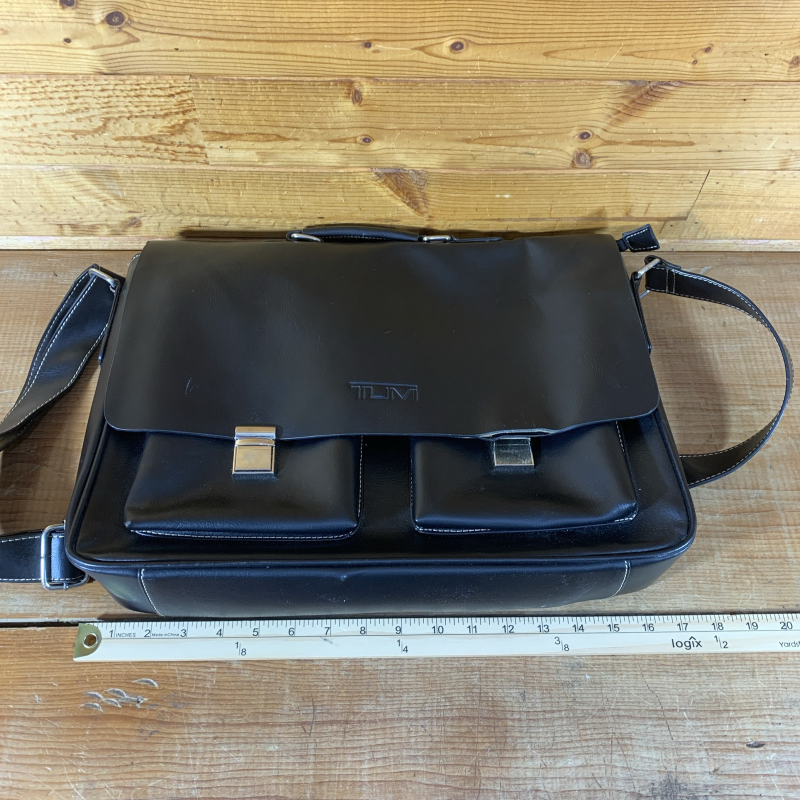 Tumi Messenger Bag, Black Leather Contrast Stitch, Leather Strap, Missing Latch