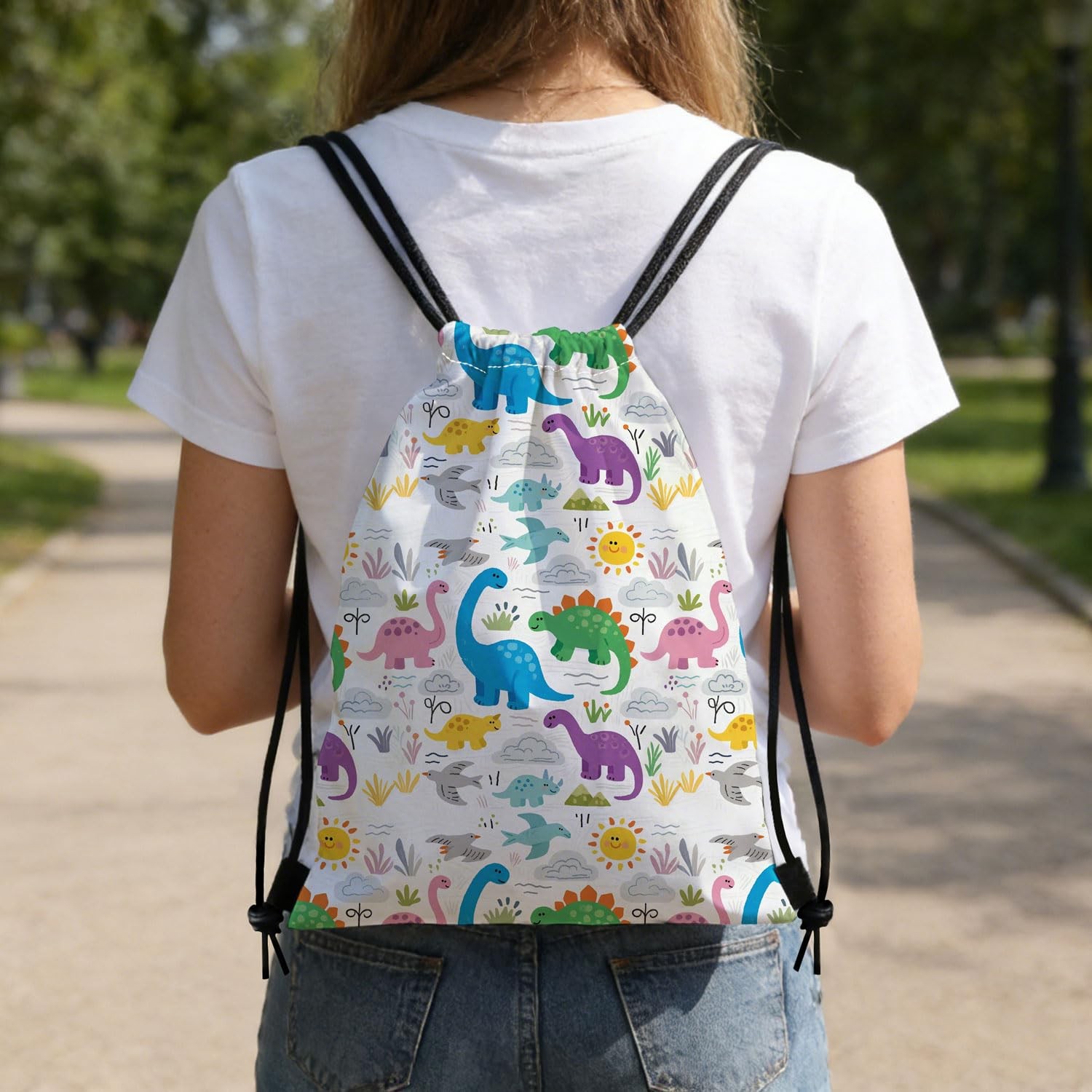 Rainbow Dinosaur Drawstring Backpack, Adjustable Cord & Inner Zipper Pocket -…