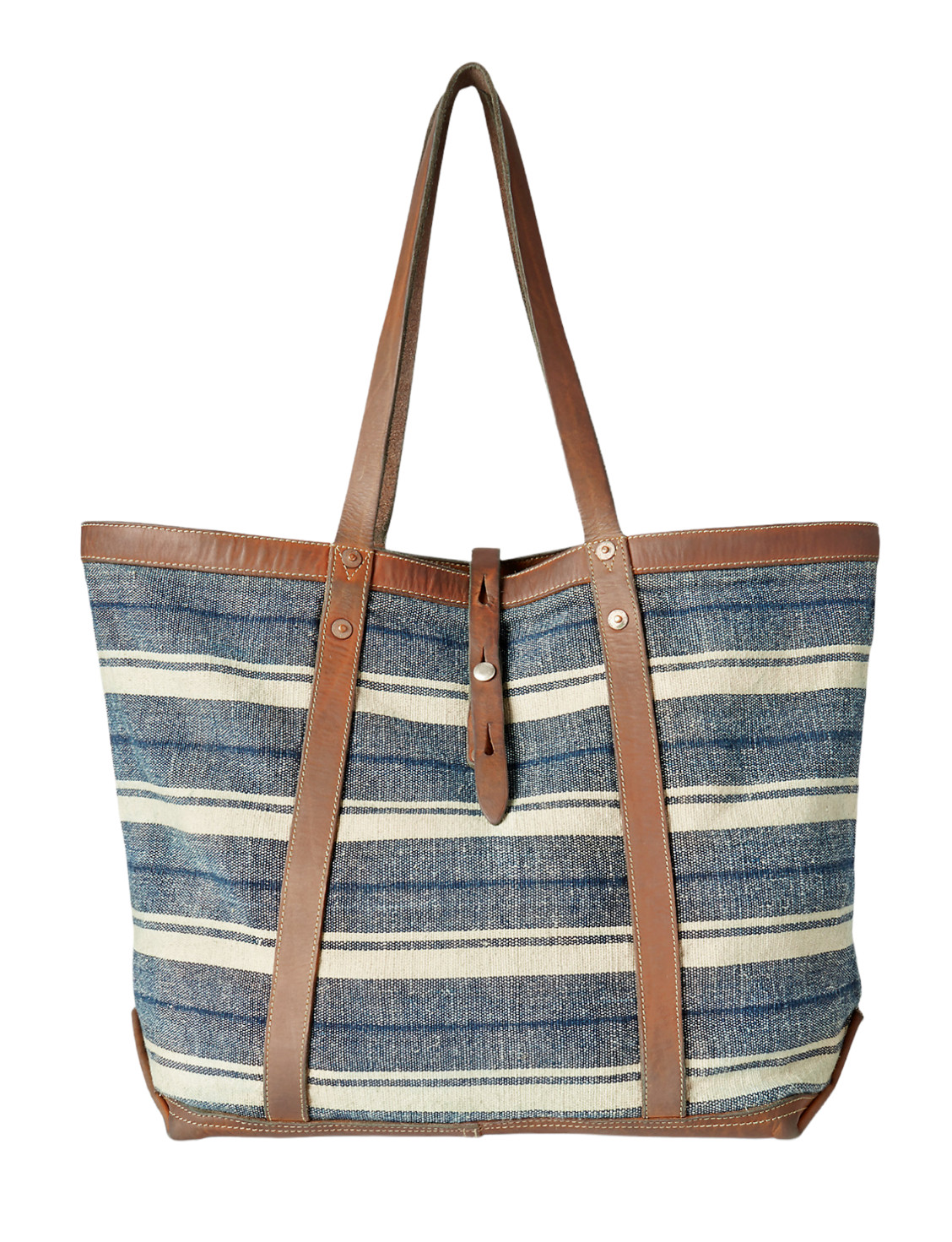 Ralph Lauren RRL Indigo Striped Cotton Canvas Leather Large 16″ Tote Bag New