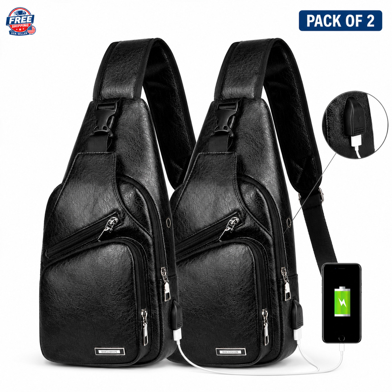 Men’s Leather Sling Bag Crossbody Chest Backpack USB Charging Port TravelBag 2pk
