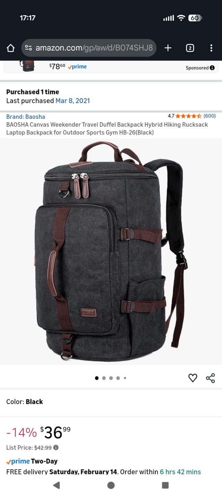 BAOSHA Canvas Weekender Travel Duffel Backpack HB-26 Black – Very Good Condition