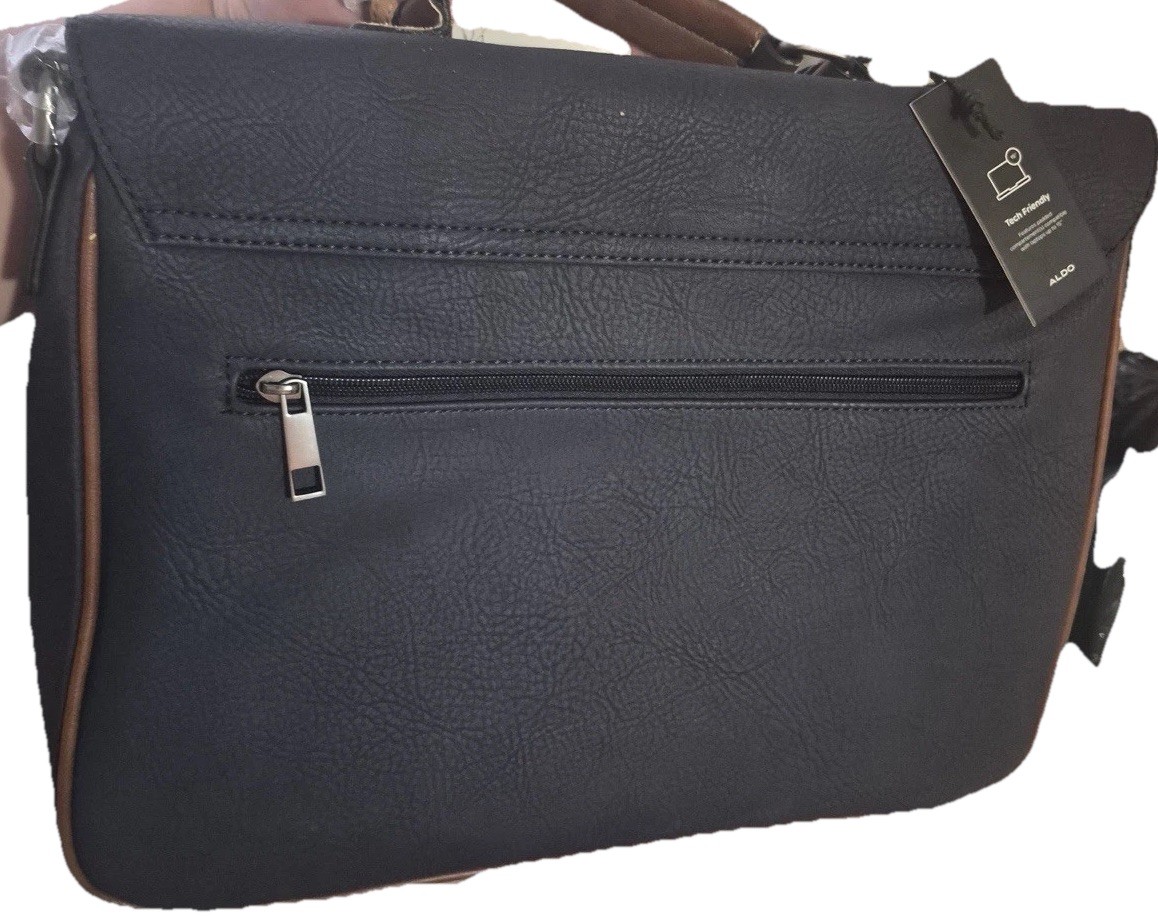 ALDO Men’s Navy/Brown Messenger Bag Crossbody Strap Buckle Zip Business